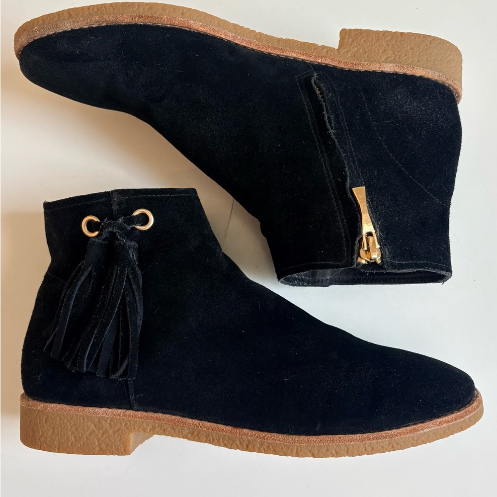 Kate Spade “Bellamy”Black Suede Ankle Booties with Tassel
